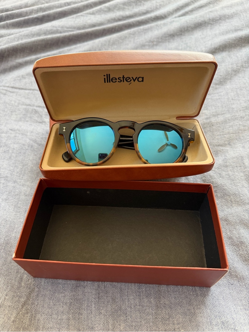 Illesteva Brown Frame Sunglasses with Blue Mirrored Lenses